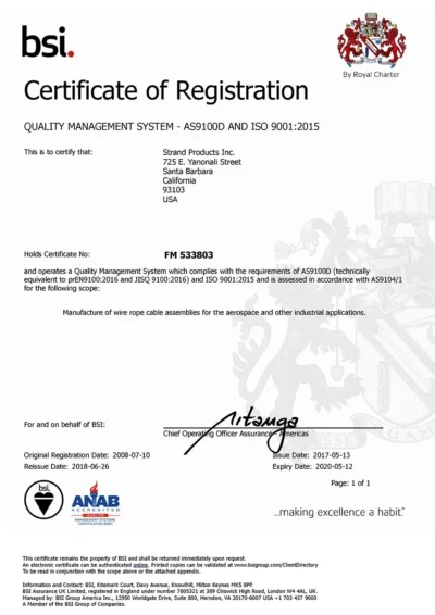 Quality certification document
